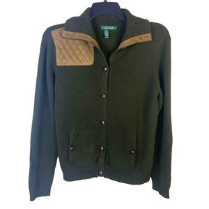 Lauren Ralph Lauren Women's Size Large Green Cardigan Sweater Suede Elbow Patch